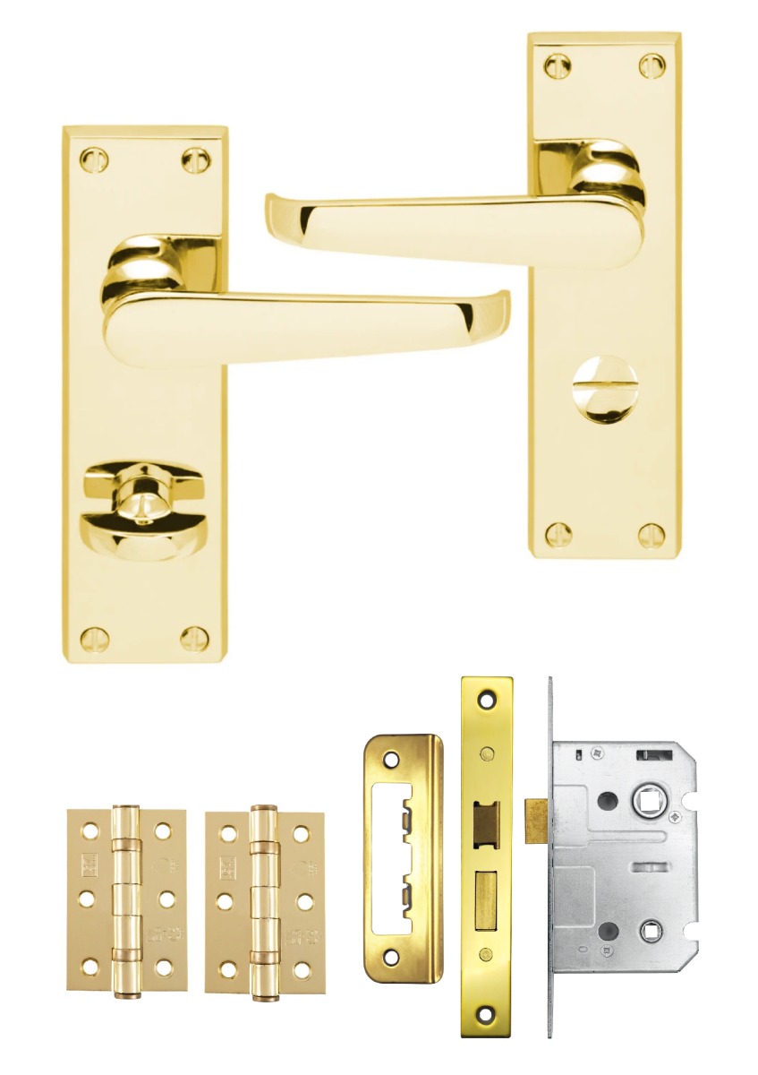 IRONZONE Victorian Straight Lever on Bathroom Profile Backplate - Bathroom Lock Pack - Polished Brass