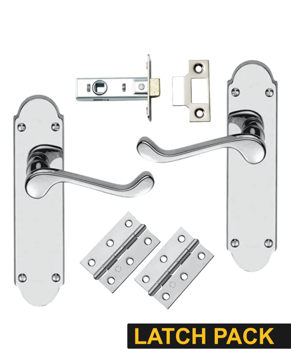 IRONZONE Victorian Shaped Scroll Lever on Latch Profile Backplate - Latch Pack - Polished Chrome
