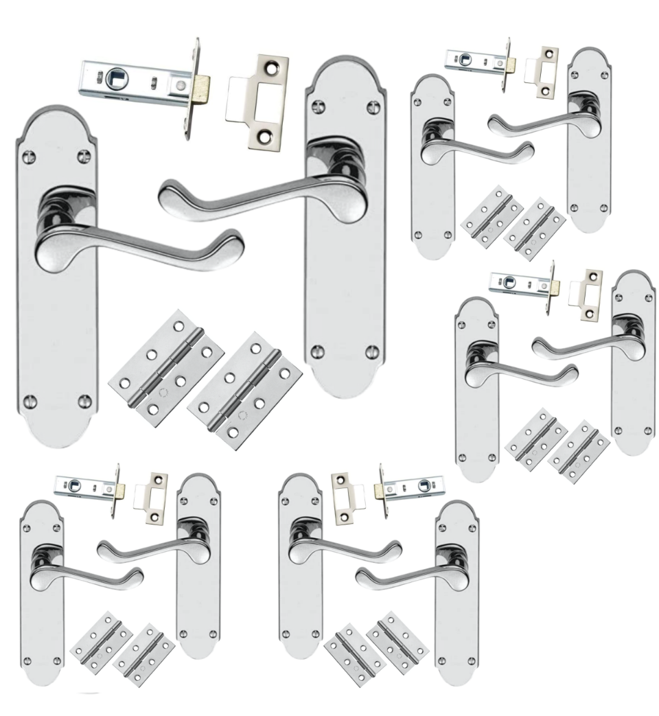 IRONZONE 5 Sets Victorian Shaped Scroll Lever on Latch Profile Backplate - Latch Pack - Polished Chrome
