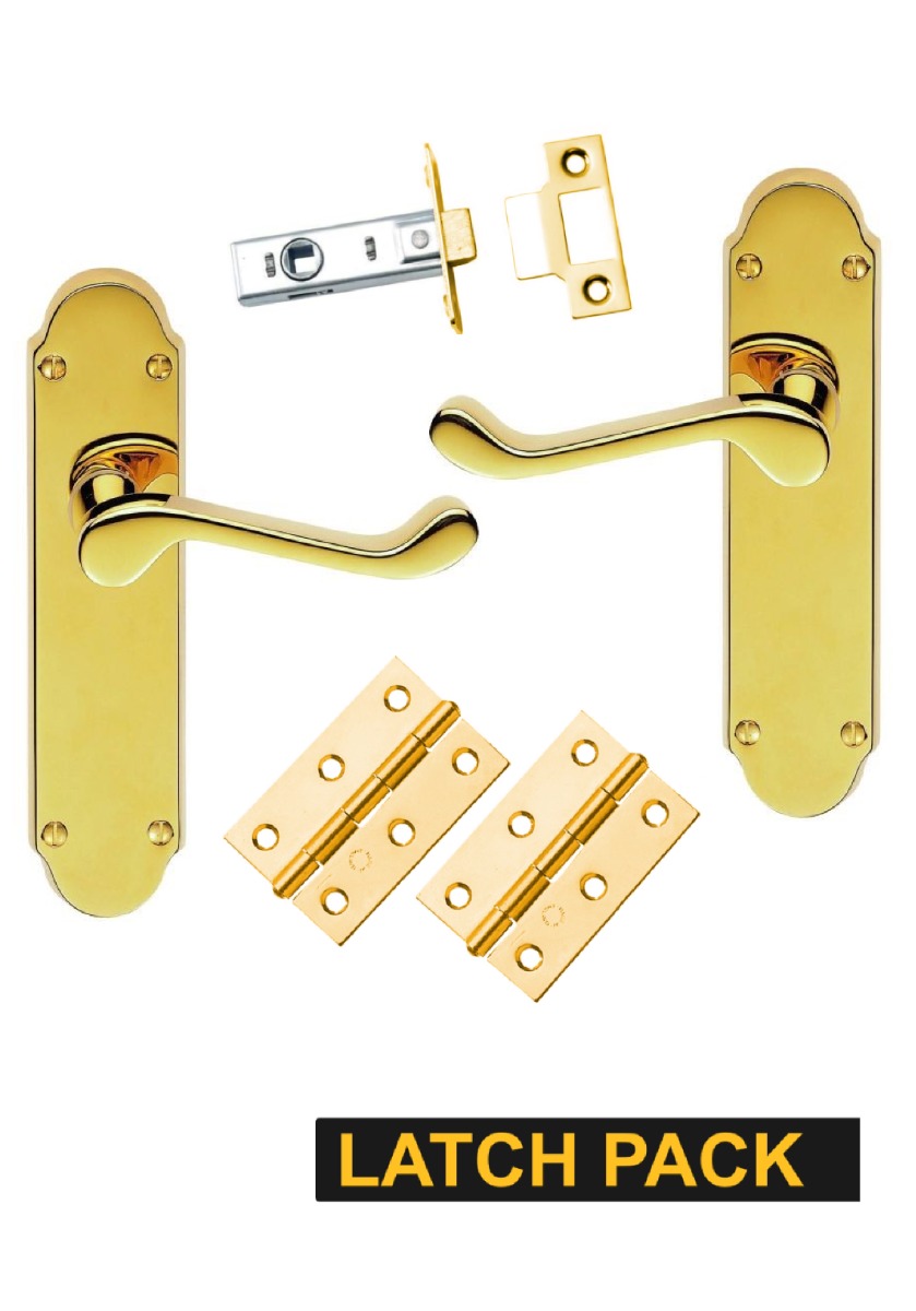IRONZONE Victorian Shaped Scroll Lever on Latch Profile Backplate - Latch Pack - Polished Brass