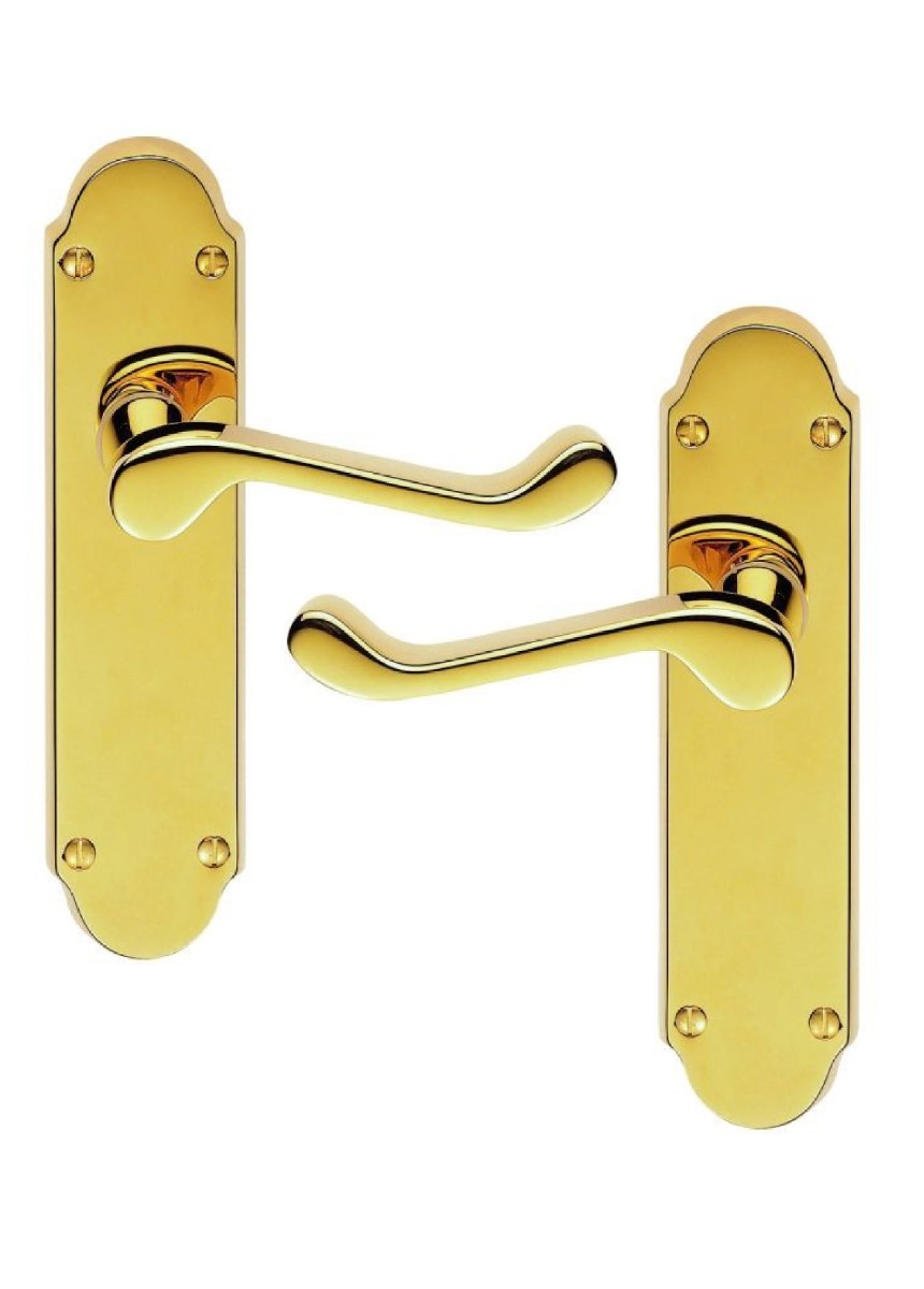 IRONZONE Victorian Shaped Scroll Lever on Latch Profile Backplate - Polished Brass