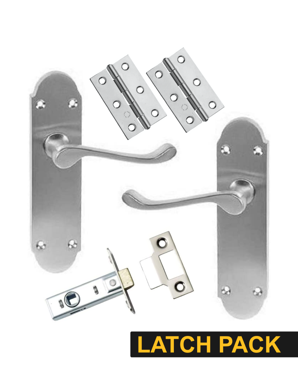 IRONZONE Victorian Shaped Scroll Lever on Latch Profile Backplate - Latch Pack - Satin Nickel