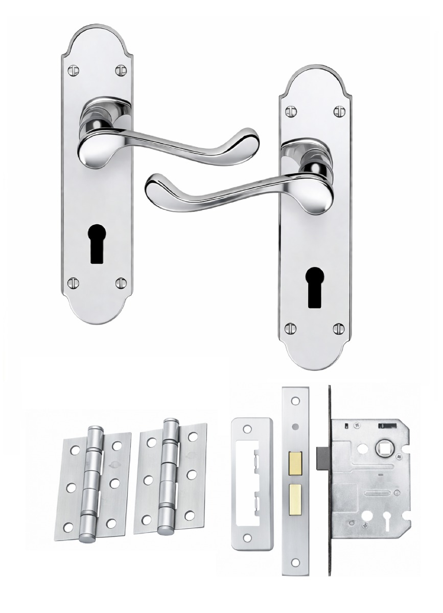 IRONZONE Victorian Shaped Scroll Lever on Lock Profile Backplate - Lock Pack - Polished Chrome