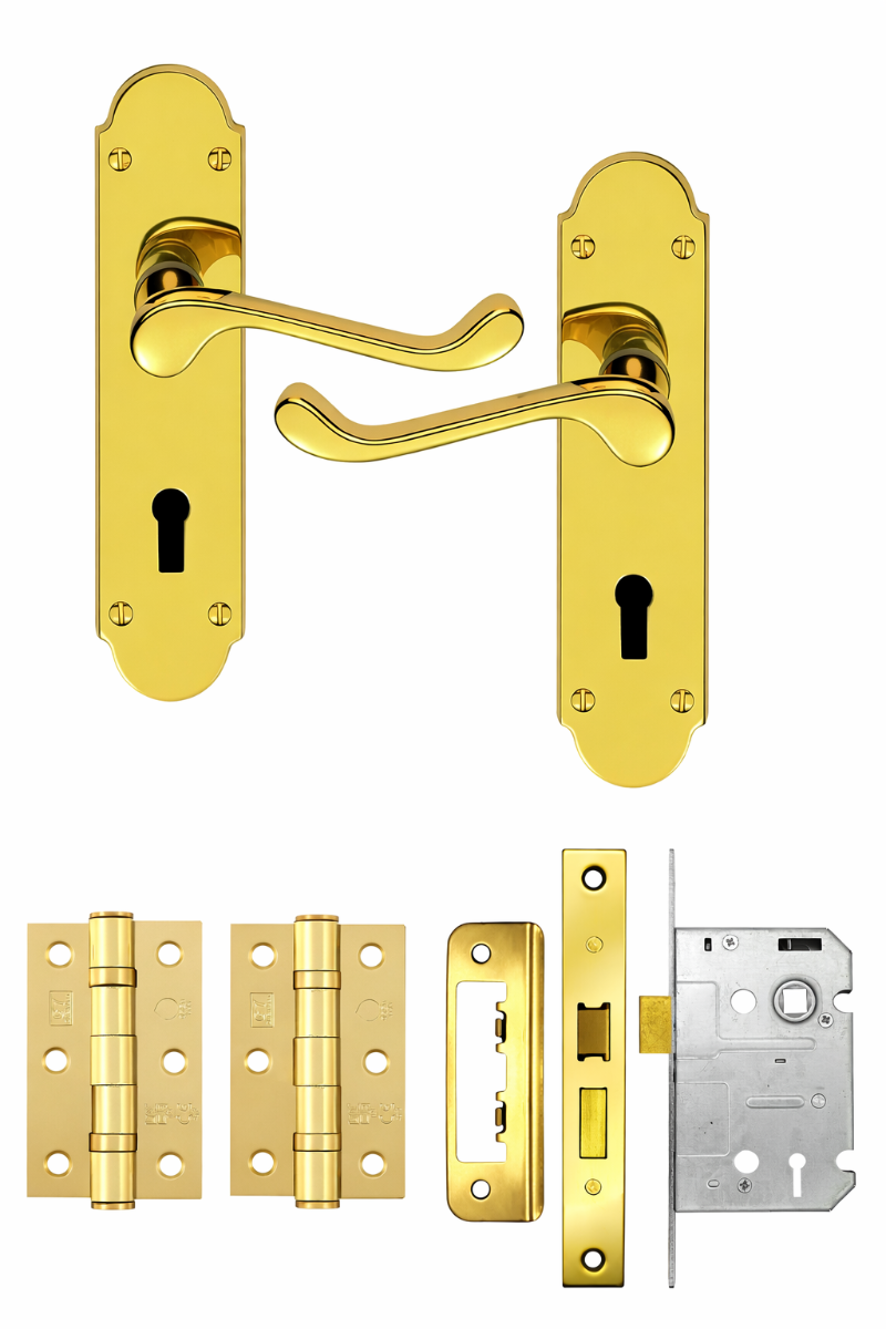 IRONZONE Victorian Shaped Scroll Lever on Lock Profile Backplate - Lock Pack - Polished Brass