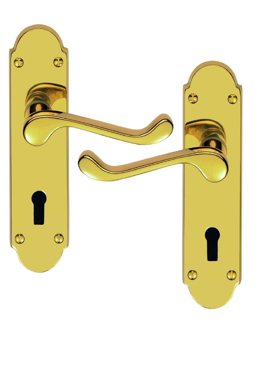 IRONZONE Victorian Shaped Scroll Lever on Lock Profile Backplate - Polished Brass