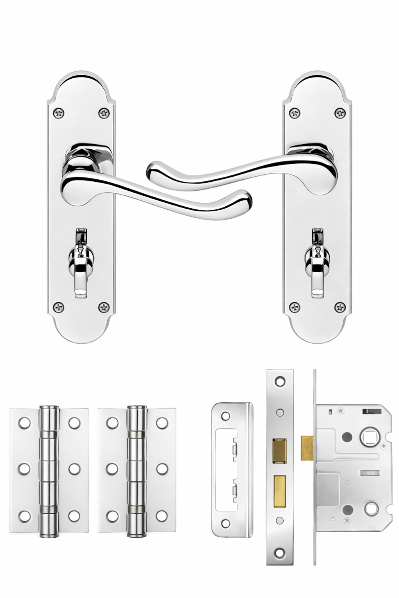 IRONZONE Victorian Shaped Scroll Lever on Bathroom Profile Backplate - Bathroom Lock Pack - Polished Chrome