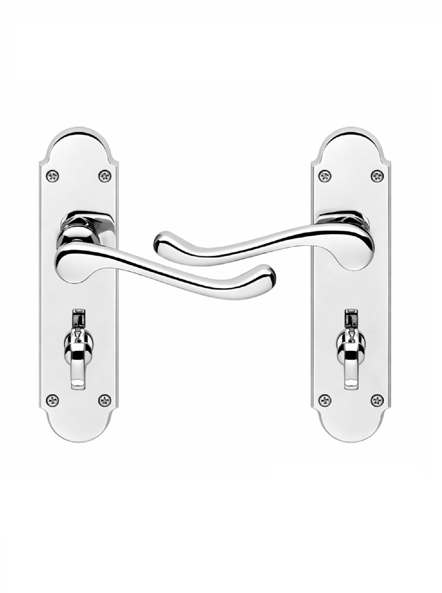 IRONZONE Victorian Shaped Scroll Lever on Bathroom Profile Backplate - Polished Chrome