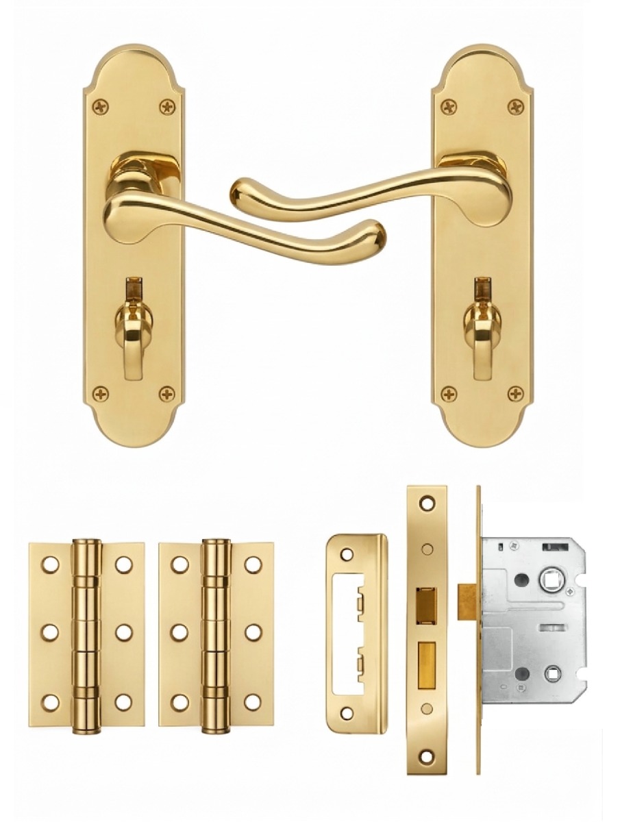 IRONZONE Victorian Shaped Scroll Lever on Bathroom Profile Backplate - Bathroom Lock Pack - Polished Brass