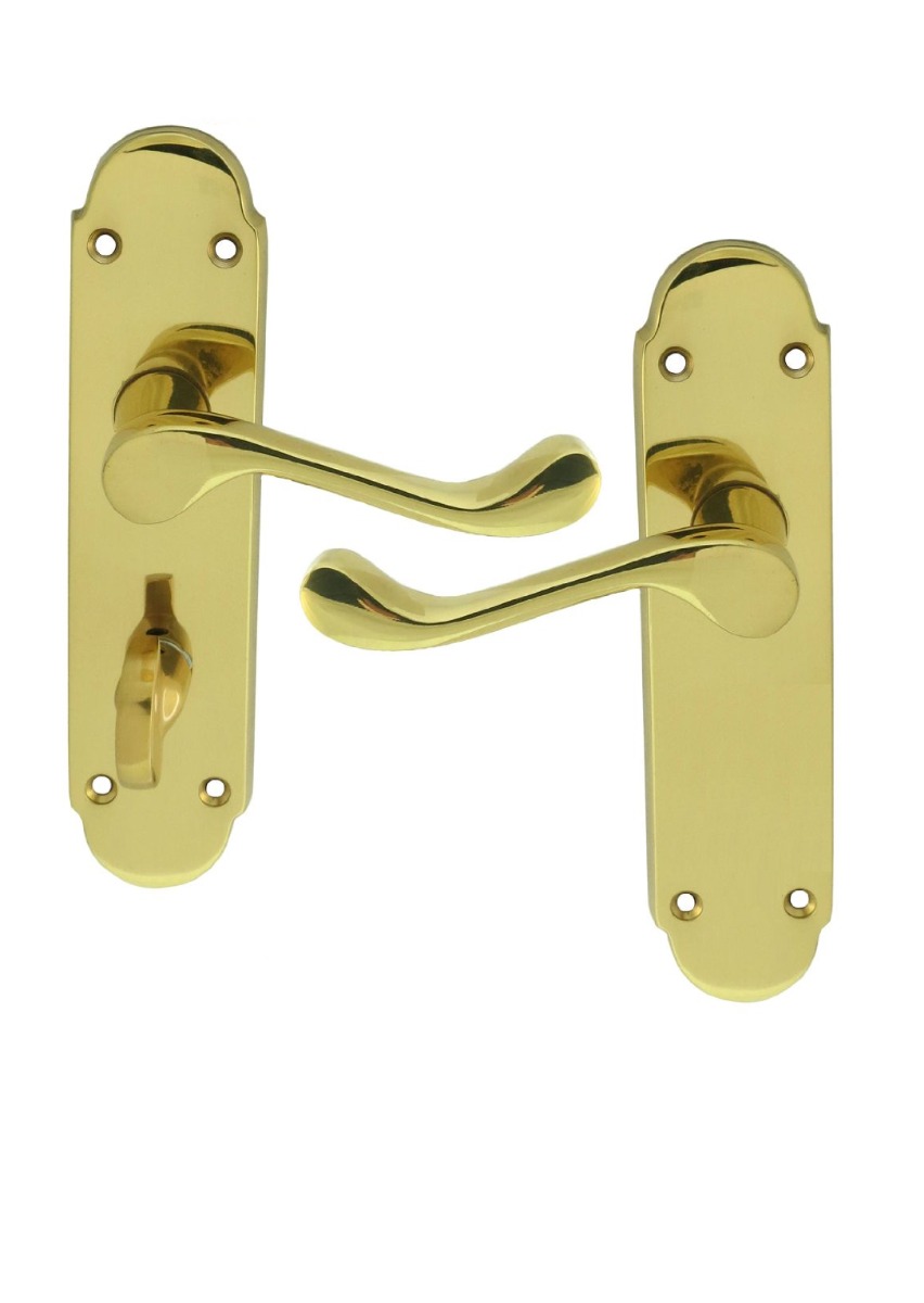 IRONZONE Victorian Shaped Scroll Lever on Bathroom Profile Backplate - Polished Brass