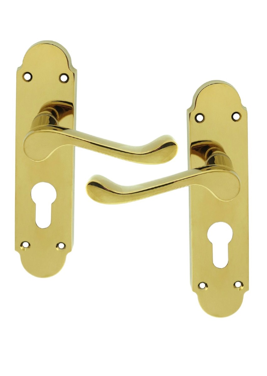 IRONZONE Victorian Shaped Scroll Lever on Euro Profile Backplate - Polished Brass