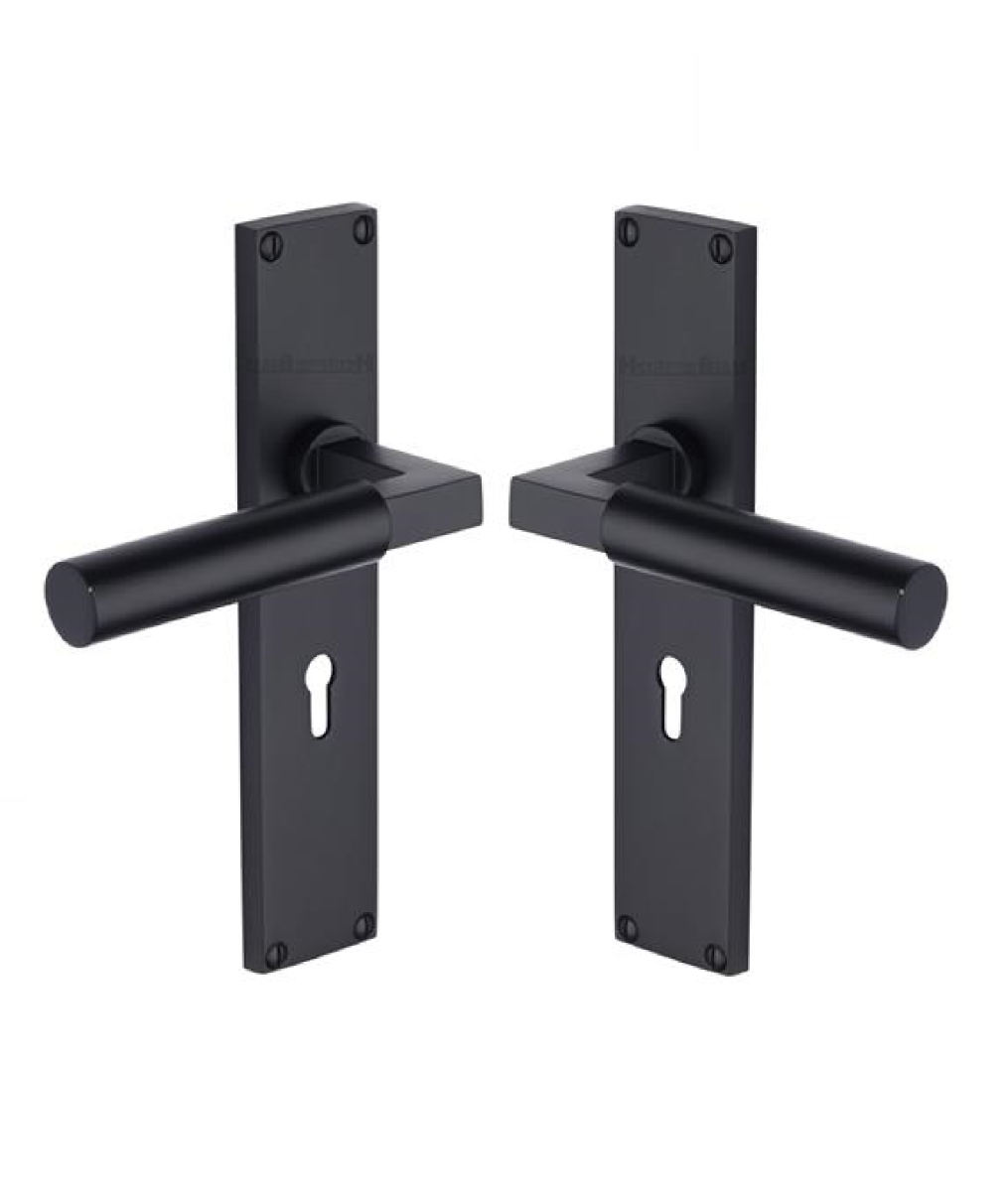 Heritage Brass Bauhaus Lever Lock Door Handle on 200mm Plate BKMT Matt Black VT6300-BKMT