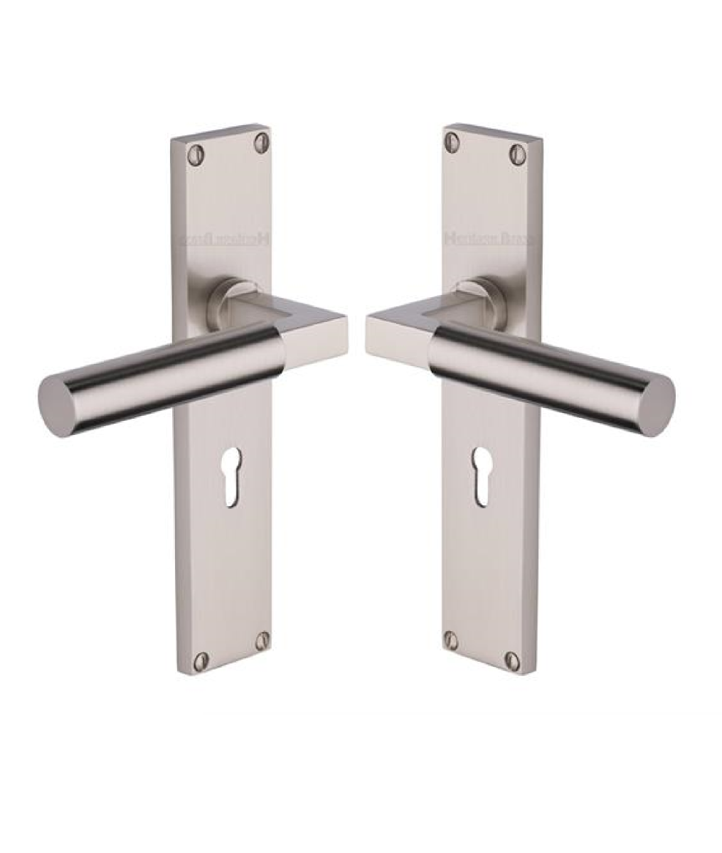 Heritage Brass Bauhaus Lever Lock Door Handle on 200mm Plate SN Satin Nickel VT6300-SN