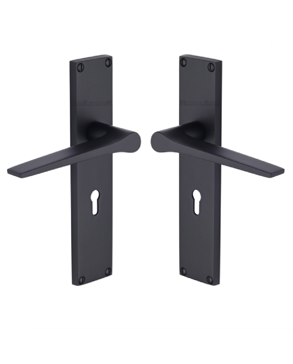 Heritage Brass Gio Lever Lock Door Handle on 200mm Plate BKMT Matt Black VT8100-BKMT