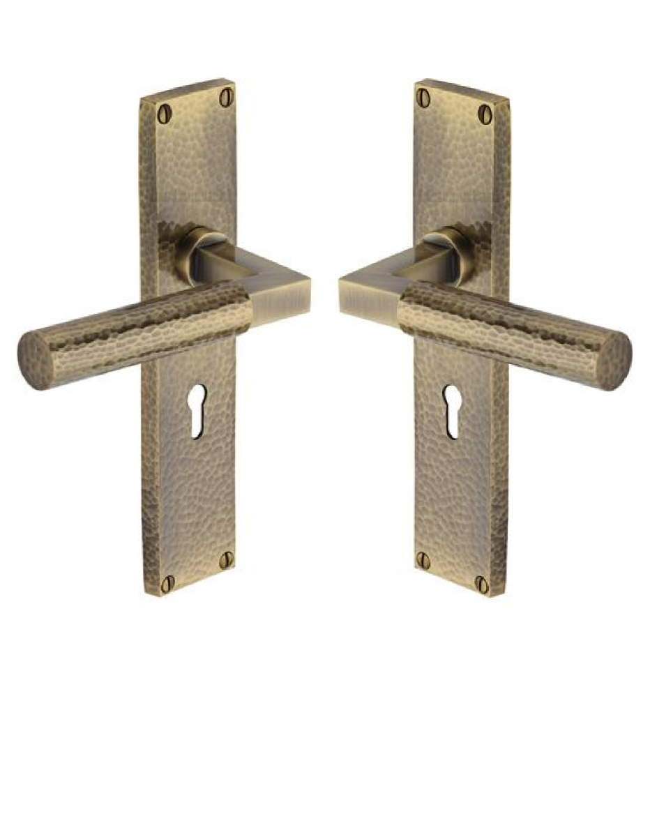 Heritage Brass Bauhaus Hammered Lever Lock on 200mm Plate AT Antique Brass VTH4300-AT