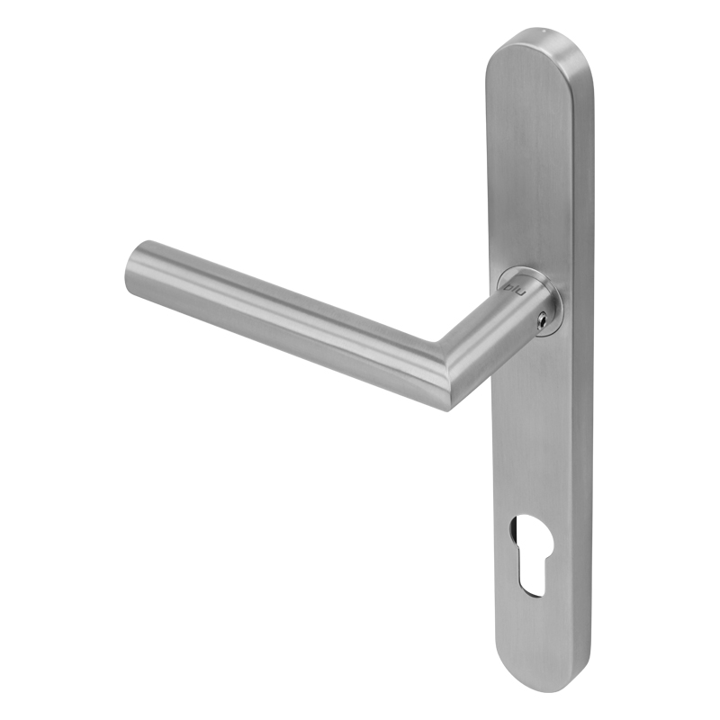 BLU, Mitre Lever Door Handle on Backplate (Dual Sprung), Backplate 249 x 32 x 12.5mm, 316 Satin Stainless Steel. KM078B-SSS