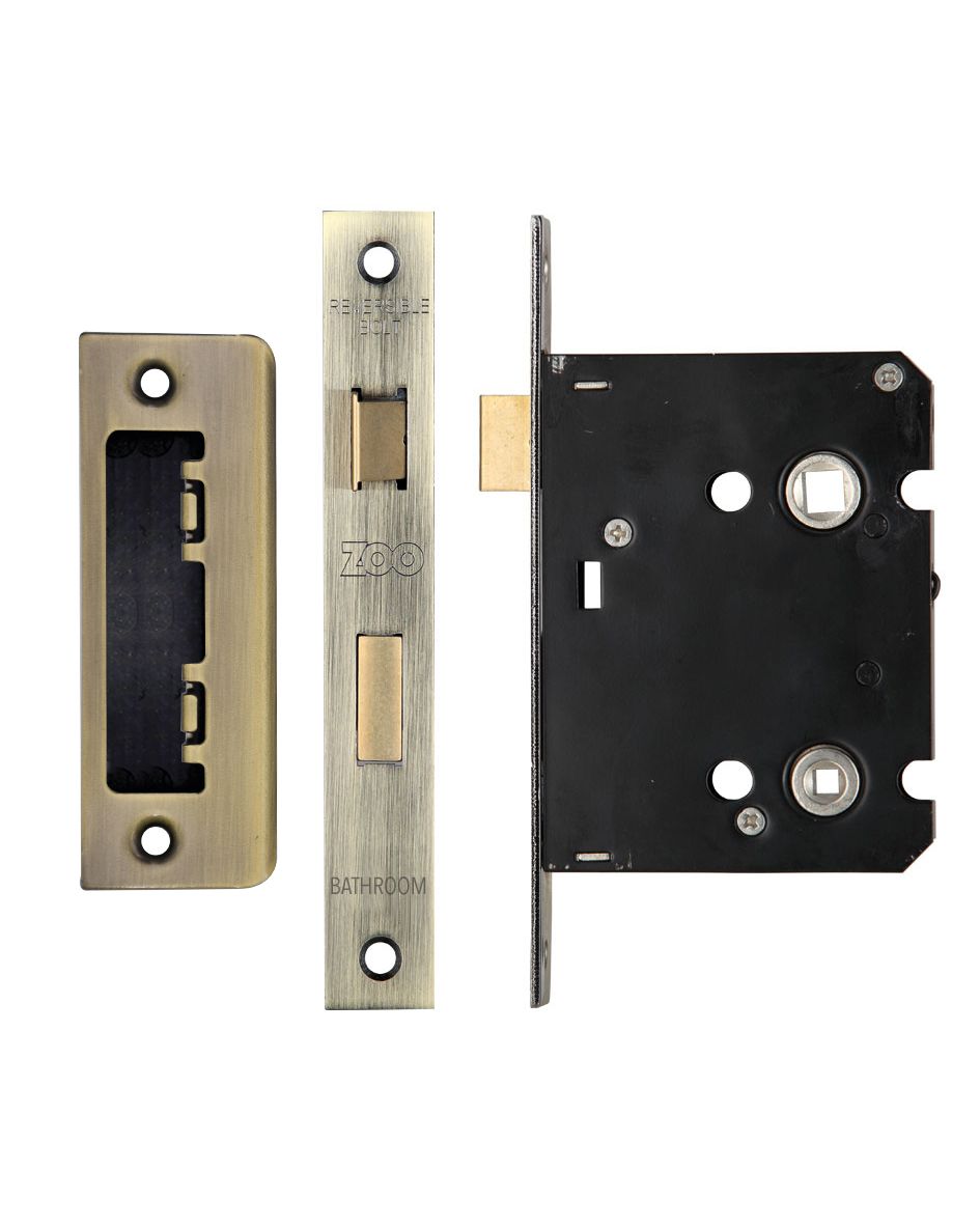 Mortice Bathroom Lock 76mm-57mm Centres Square Antique Brass Finish Zoo Hardware-ZBC76AB