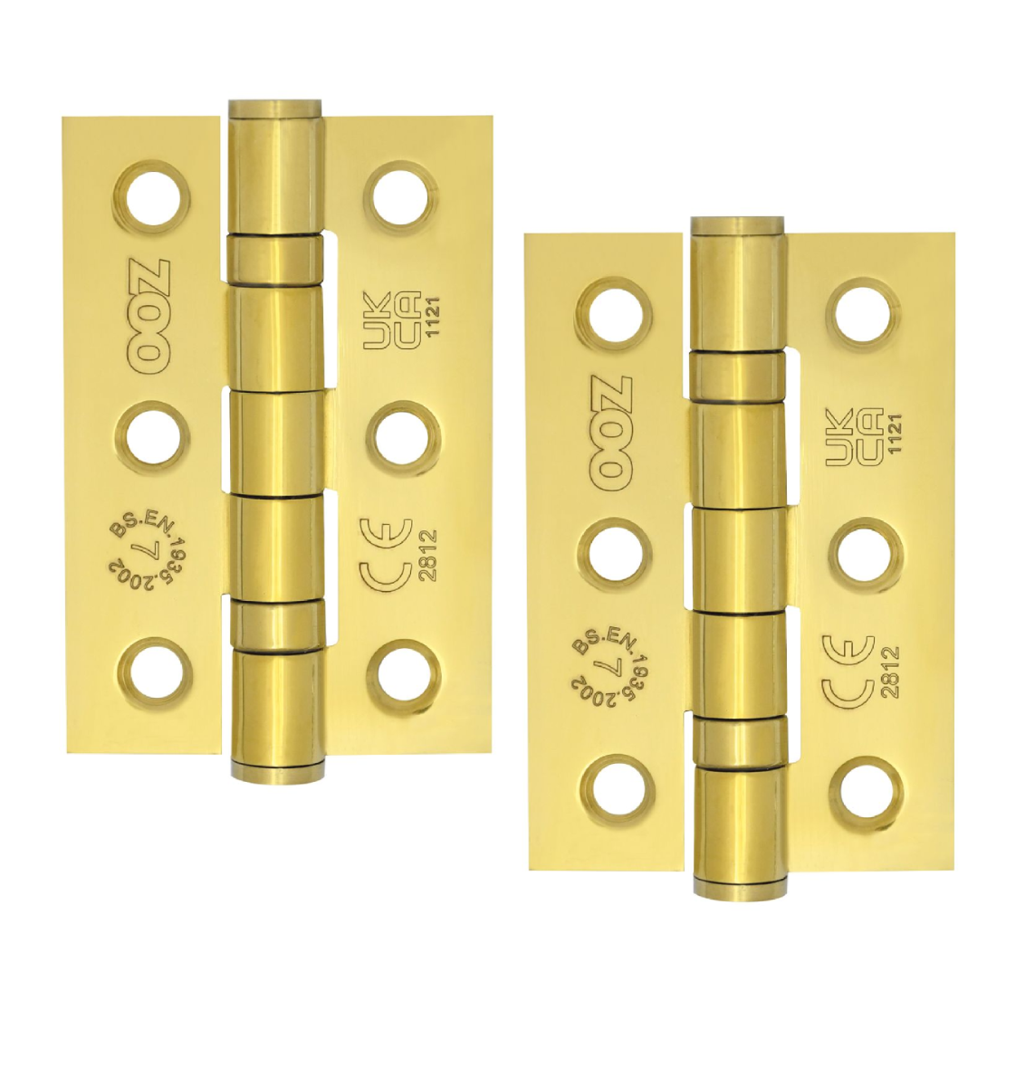 Zoo Hardware Door Hinges Stainless Steel Ball Bearing Grade 7 Certifire UKCA/CE 76mm PVD Polished Brass