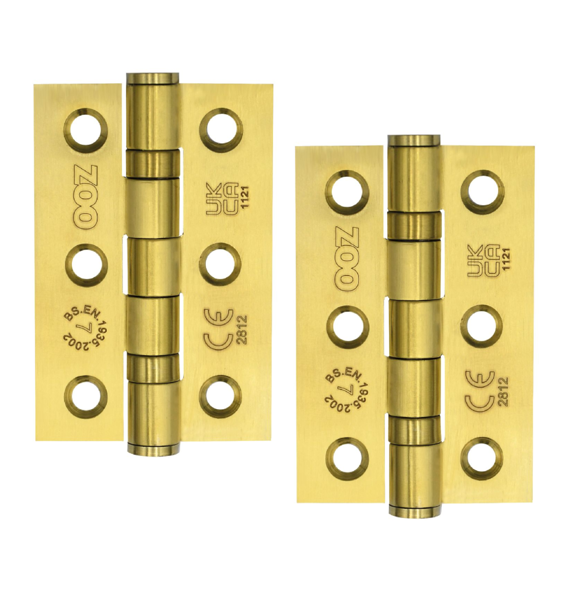 Zoo Hardware Door Hinges Stainless Steel Ball Bearing Grade 7 Certifire UKCA/CE 76mm PVD Satin Brass