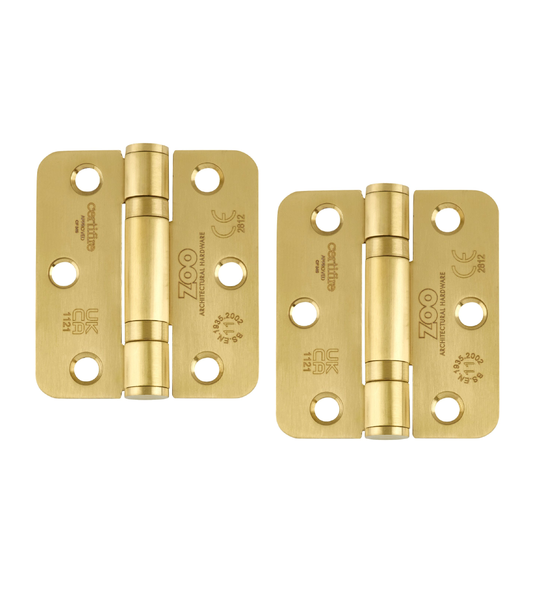Zoo Hardware ZHSS7667R-PVDSB Grade 11 Hinges - Ball Bearing 76mm x 67mm x 2.5mm Radius Corner - PVD Satin Brass
