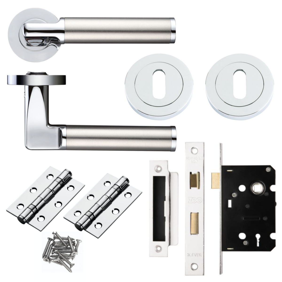 Zoo Hardware ZPZ030CPSS Milan lever Handle on round rose Lock pack set polished Chrome Satin Stainless