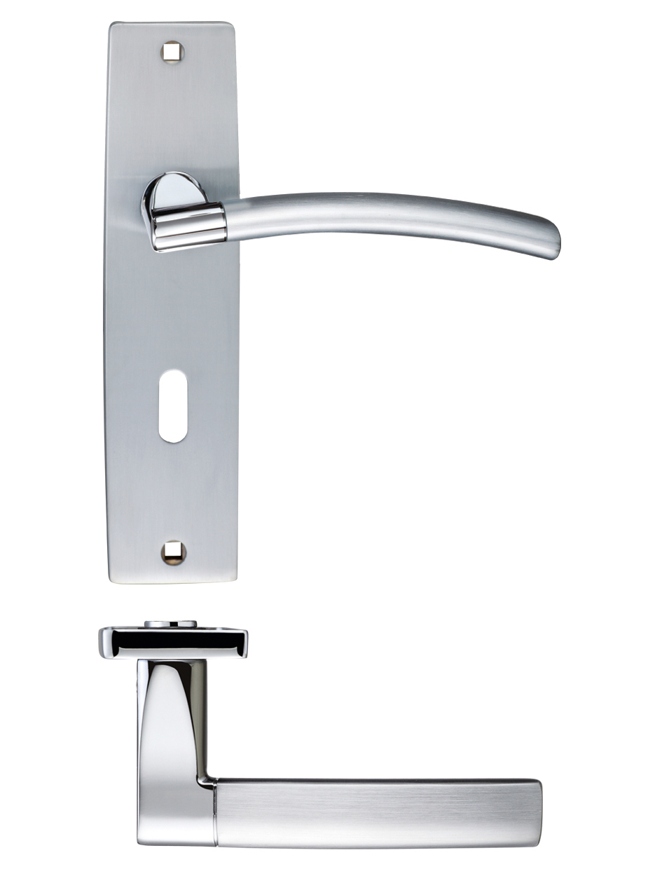 Zoo Hardware ZPZ081SCCP Amalfi Lever Lock (57mm c/c) On Backplate - Dual Finish -180x43mm Satin Chrome / Polished Chrome