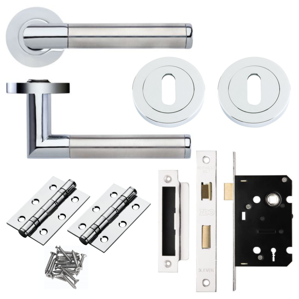 Zoo Hardware ZPZ170CPSS Luna lever Handle on round rose Lock pack set polished Chrome Satin Stainless