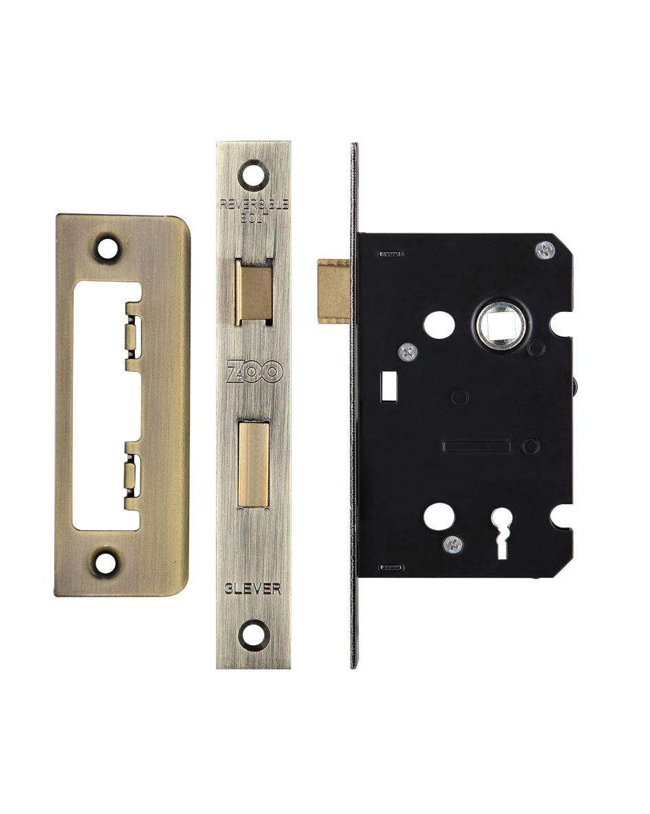 3 Lever Mortice Sashlock 64mm-57mm Centres Square Antique Brass Finish Zoo Hardware-ZSC364AB