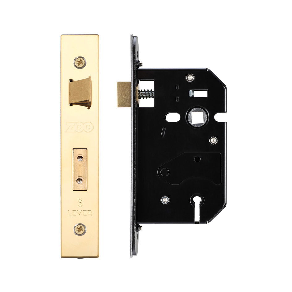 Zoo Hardware ZURS364PVD 3 Lever Replacement Sash Lock - 64mm c/w PVD Forend and Strike Pvd