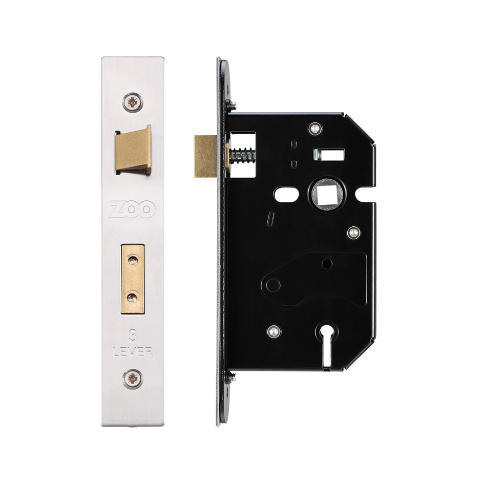 Zoo Hardware ZURS364SS 3 Lever Replacement SashLock - 64mm c/w Stainless Steel Forend and Strike Satin Stainless