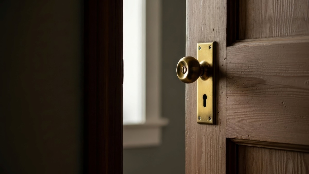 Wooden door with brass knob opening to light