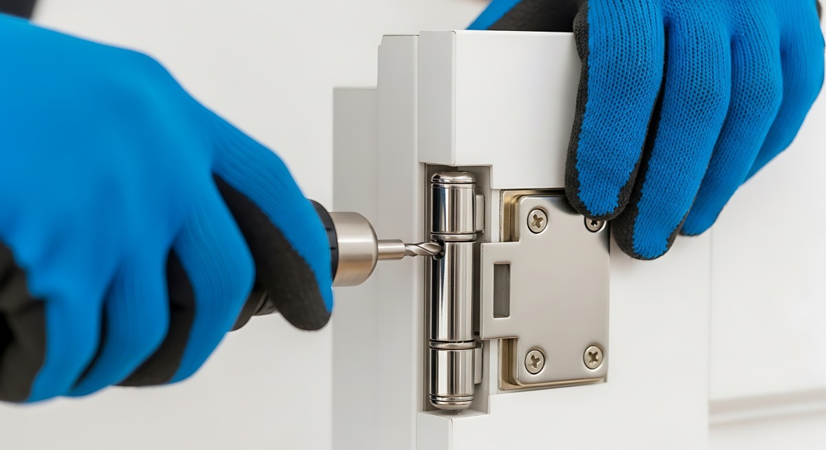 Professional installing shiny metal hinge onto white cabinet door