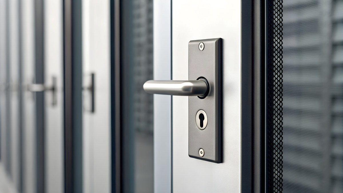 Close Up Of A Modern Metal Door Handle And Lock On A Gray Door With Frosted Glass Panels In A Hallway 