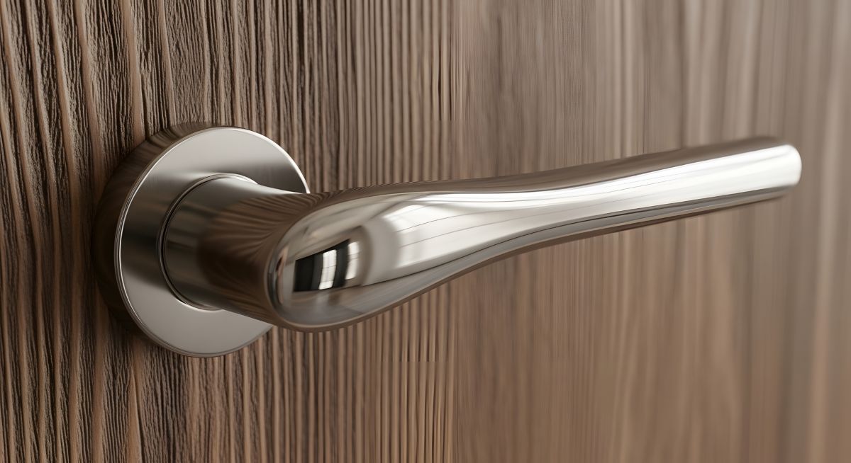 Modern silver door handle on wooden door close-up minimalist design interior hardware