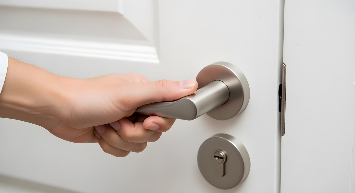 A person is opening a door with a metal handle