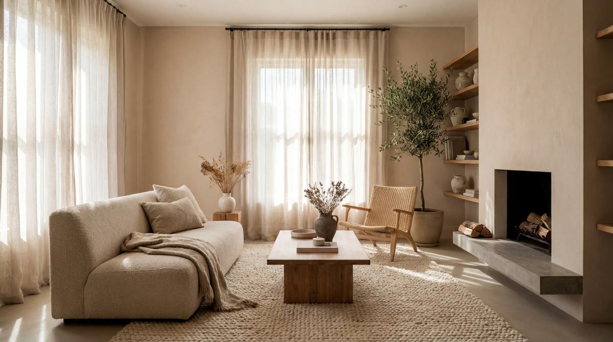Neutral living room with cozy sofa rattan chair
