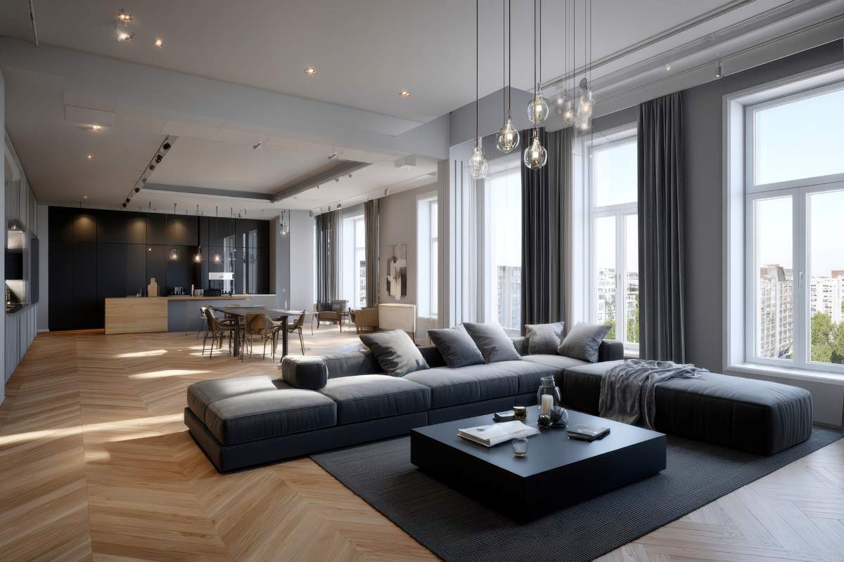 Modern living room in a luxury apartment with expansive windows and contemporary decor