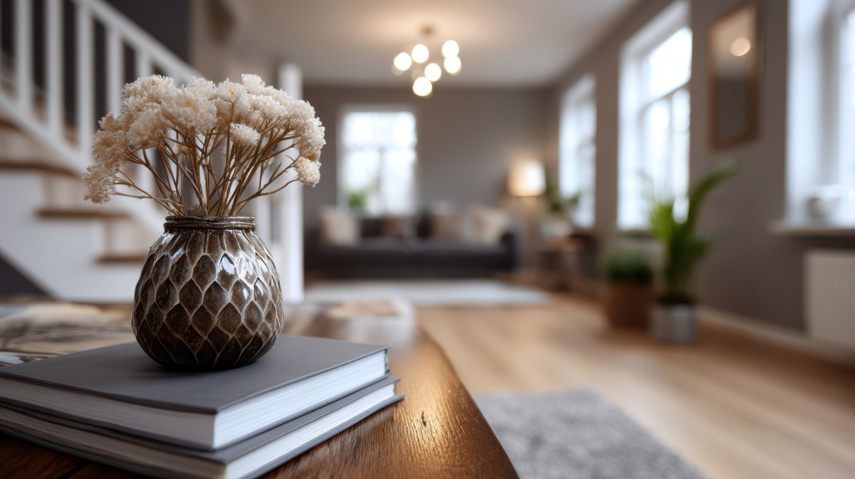 A cozy living room with modern decor features a brown vase with dried flowers on a stack of books