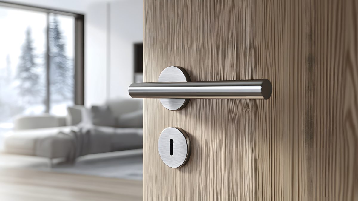 Modern Stainless Steel Door Handle and Keyhole on Light Wood Door