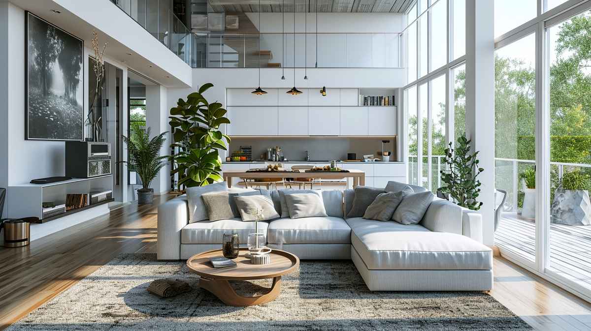 AI generated living room interior design with sofa minimal aesthetic 3d rendered