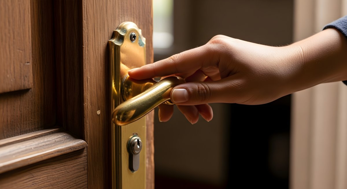 A person is opening a door with a golden handle 