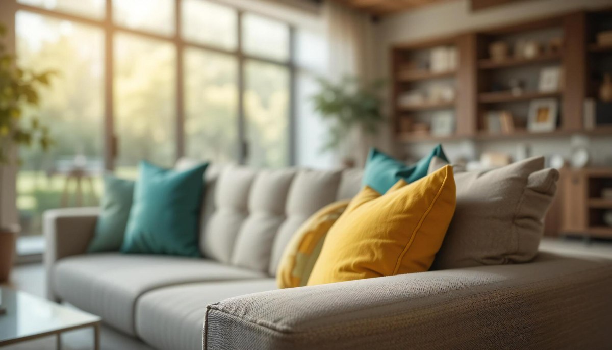 Sofa with Pillows in Warm Living Room